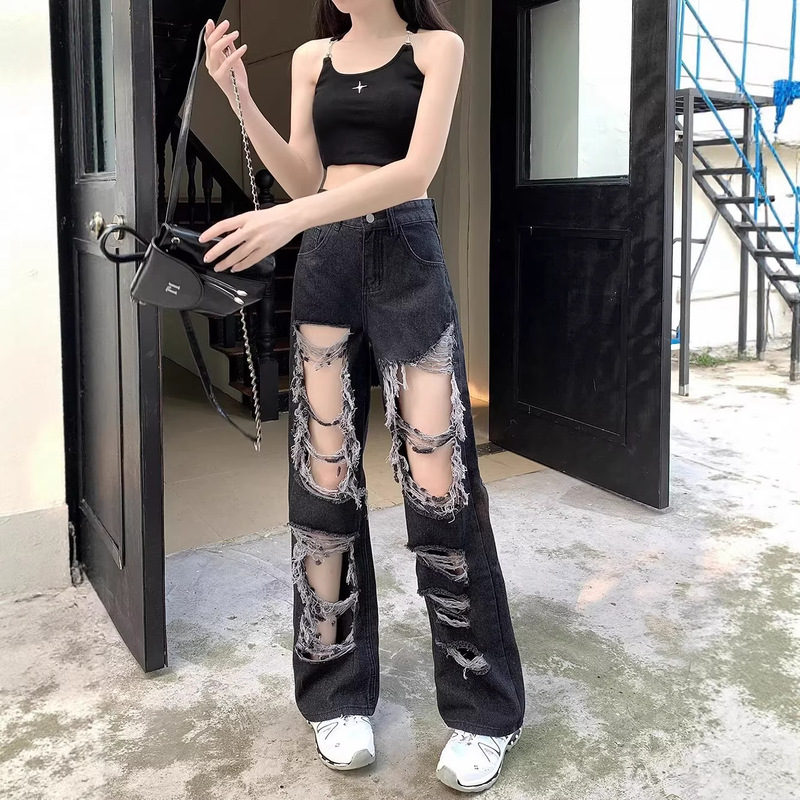 2025 New American High Street Style Black Ripped Jeans for Women, Loose Fit, Slimming Straight Wide-Leg Floor-Length Pants 2025 New American High Street Style Black Ripped Jeans for Women, Loose Fit, Slimming Straight Wide-Leg Floor-Length Pants