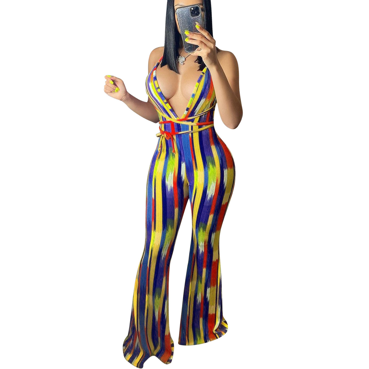 Irregular Stripes Printed Halter Slim Fit Flare jumpsuit Nihaostyles wholesale clothing vendor NSYDF73568