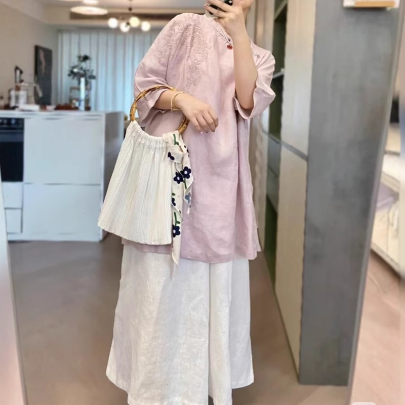 Summer New Arrival Embroidered Vintage Artistic Skirt Buckle Linen Wide Mid-length Shirt Women's Tea Clothes Top Mid-sleeve