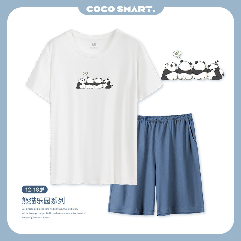 Teen Pajamas Men's 2025 New Student Summer Boys Pure Cotton Short-Sleeved Home Clothes Suit Boys Home Clothes