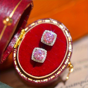 Cross-border S925 Sterling Silver Pink Mosan Diamond Square Bag Earrings European and American High-end Fashion Simple All-match Ear Jewelry