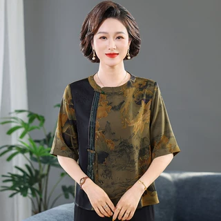 2026妈妈夏季旗袍领仿真丝上衣女中老年女装高贵复古短袖中式小衫