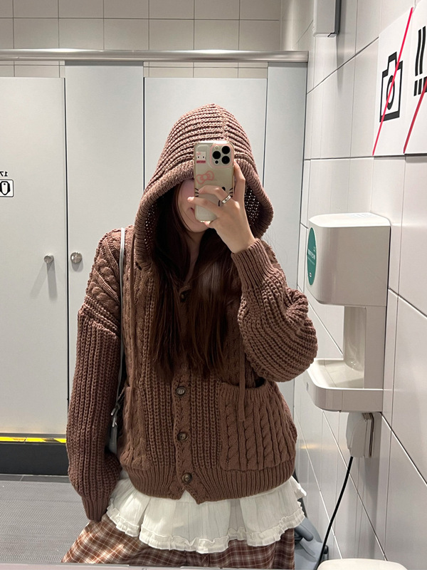 美式复古麻花连帽毛衣开衫女2025秋冬慵懒风针织衫女上衣外套ins|undefined