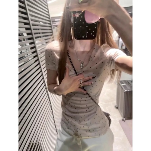 Original Tencel Fabric Grey U-Neck Polka Dot Short-Sleeve Women's Basic Top Fitted Short-Sleeve Top