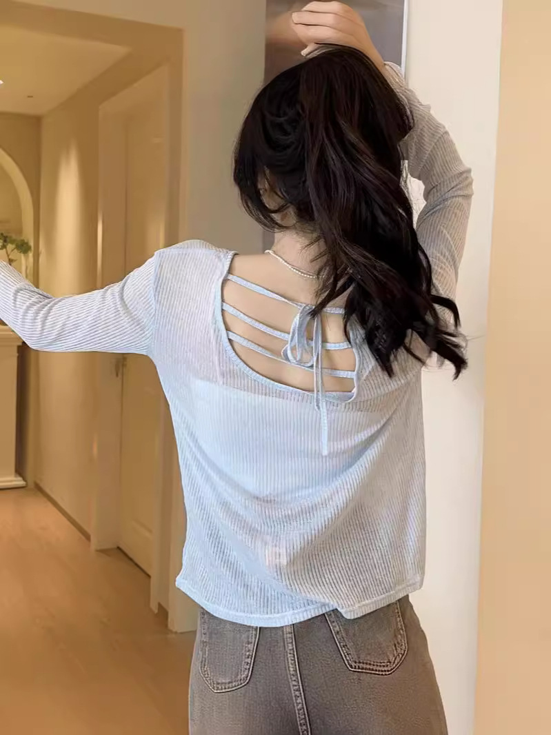 Le Ding ~ Lazy Wind Loose Slim Outer Top 순수 백리스 핑크 선 스크린 블라우스 여성용 레이스 업 블라우스