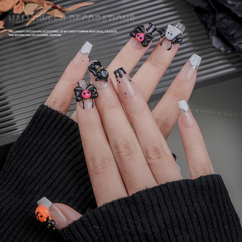 Halloween murciélago estereoscópico fantasma calabaza cabeza esqueleto dibujos animados joyas de manicura exquisitas curiosas ornamentos de uñas