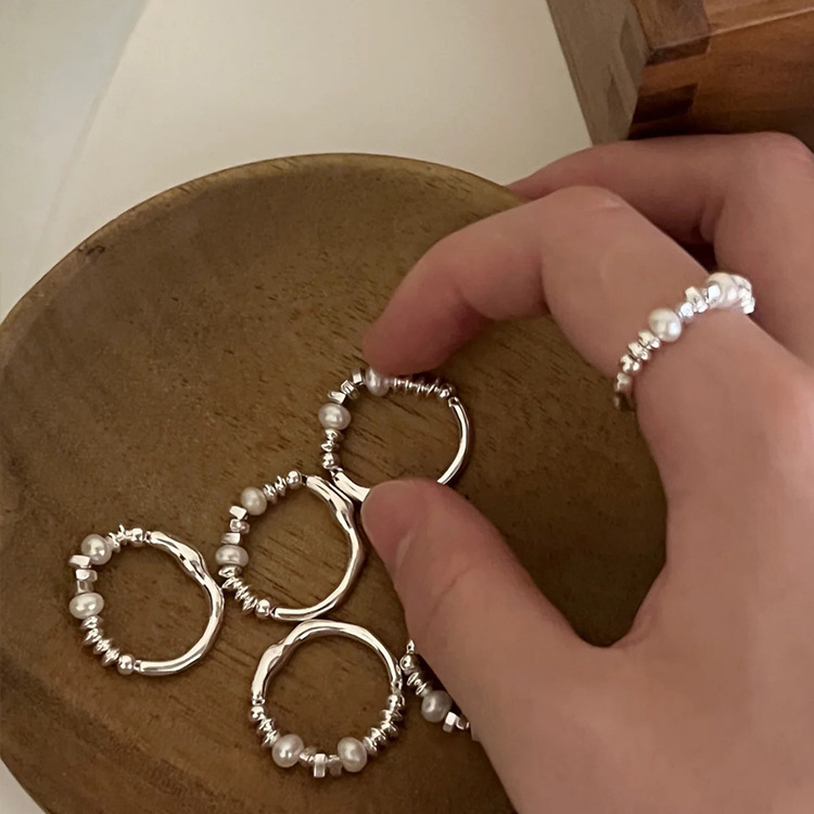 Irregular Metal Broken Silver Pearl Ring Women's Niche Personality Simple All-match Elegant Fashion Ring Ring