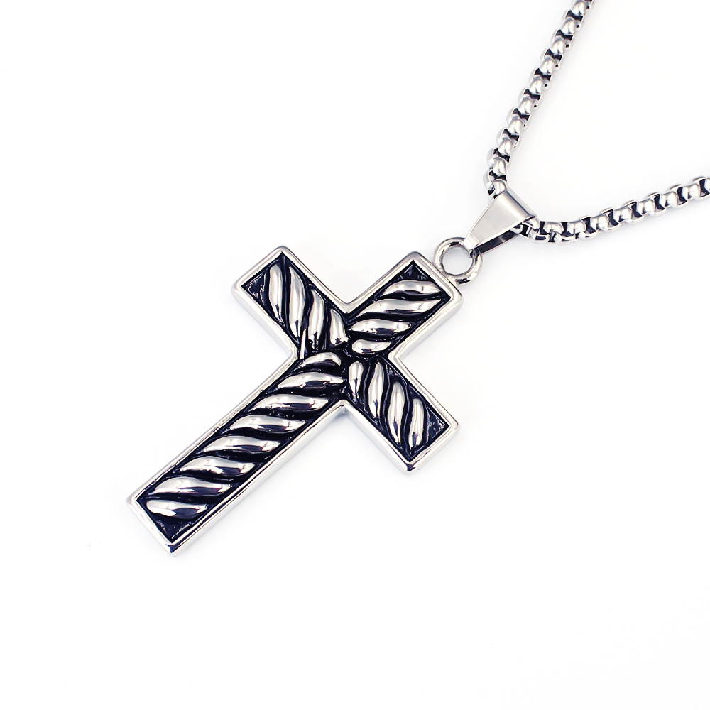 Edelstahl Anhänger Halskette Mit Gestreiftem Kreuz Für Damen_voghion.com