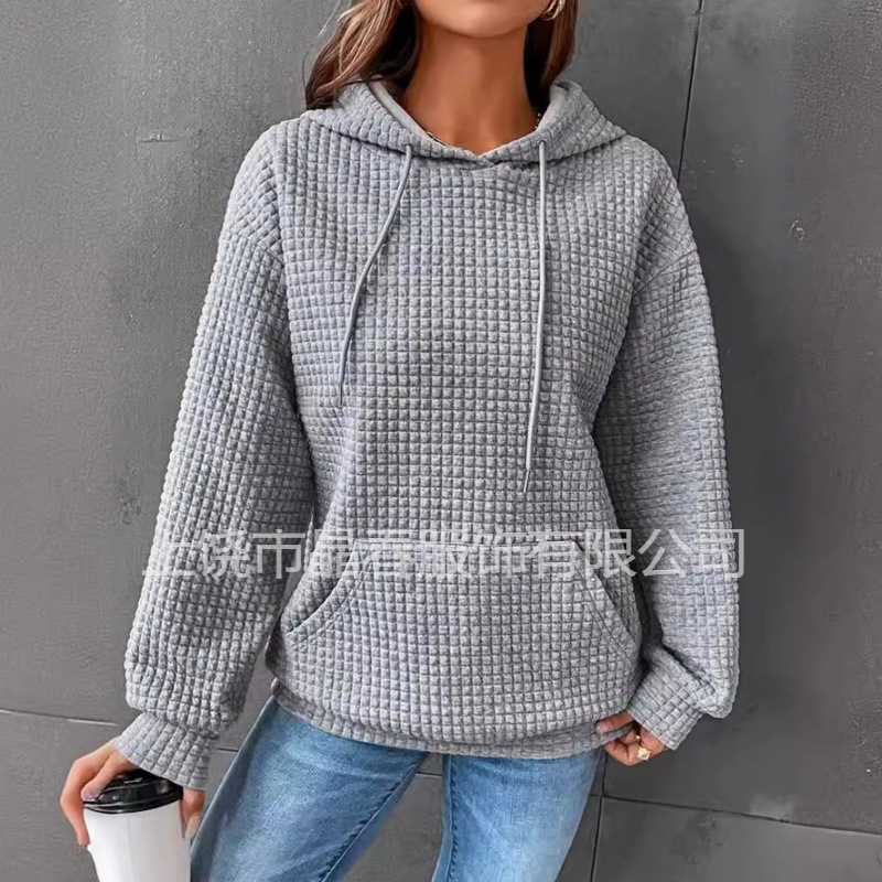 秋冬季欧美女装跨境新款华夫格圆领长袖卫衣纯色上衣女