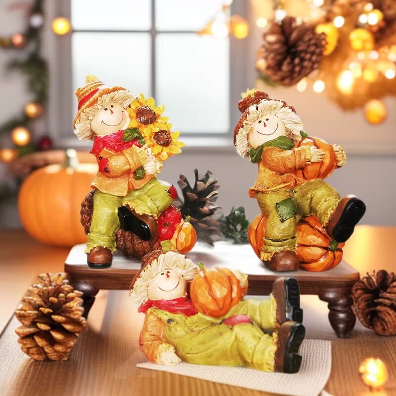 Autumn Holiday Gift Resin Thanksgiving Harvest Festival Couple Scarecrow Desktop Living Room Window Photo Ornaments