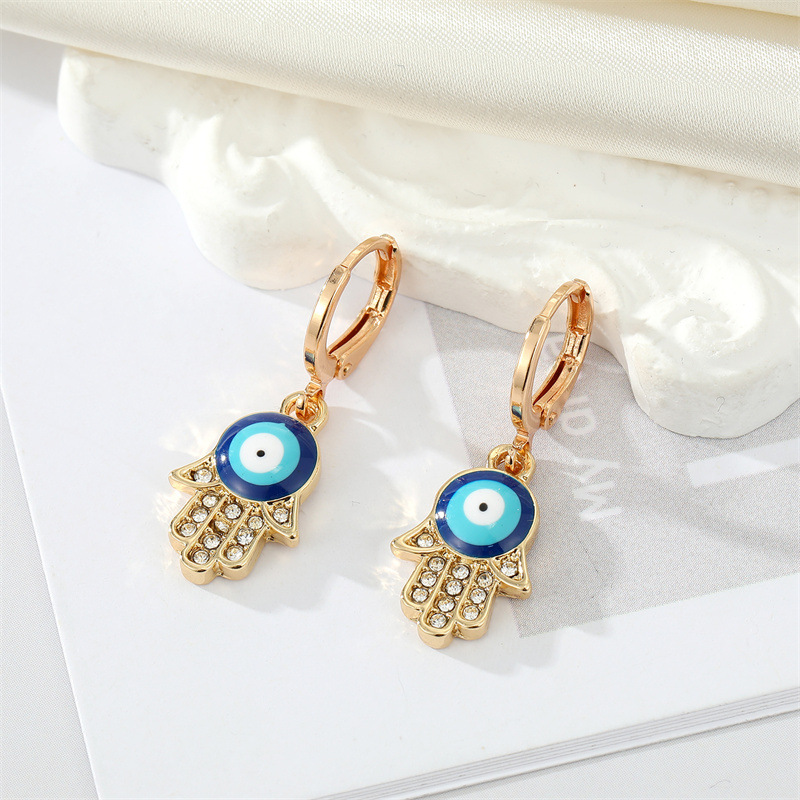 Alloy Diamond Drop Oil Devil's Eye Fatima's Hand Earring Necklace Set display picture 2