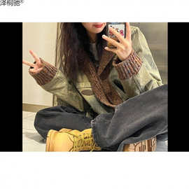 复古长袖牛仔外套女秋季宽松水洗做旧拼接夹克小众设计感西装上驰
