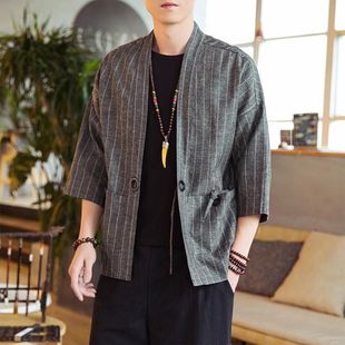 Three-Quarter Sleeve Robe Men's Striped Cardigan Lace-Up Chinese Style Home Cape Linen Thin Chinese Jacket Hanfu Costume