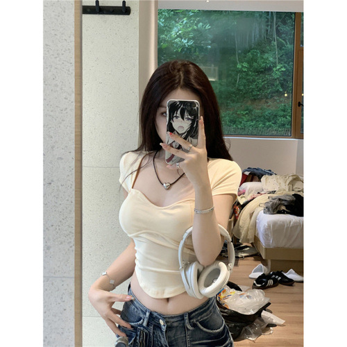 Retro Japanese Pure Desire Backless Square Shoulder Short-Sleeve T-Shirt for Women Summer Lace Sweet Spice Design Short Length Cinched Waist Top Ins