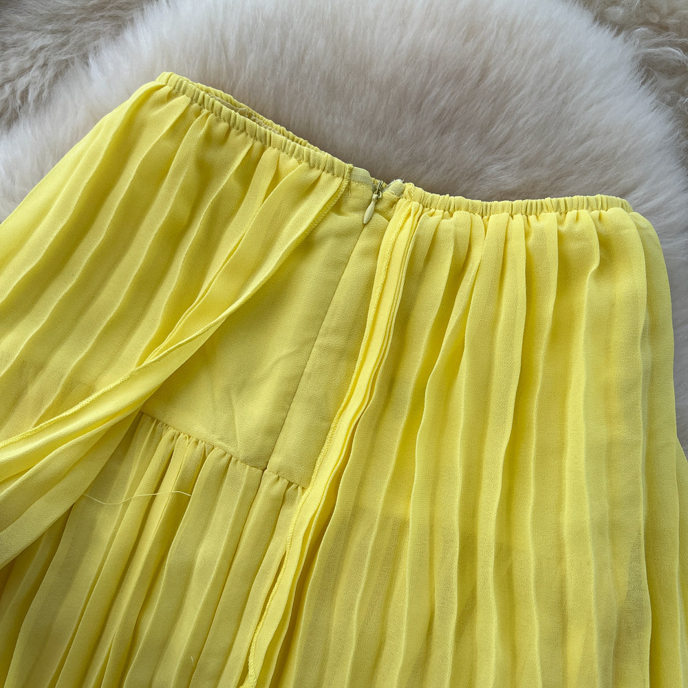 Yellow Strapless Sleeveless Long Dress Ruffled Halter Neck Design Loose Fit French Style Summery Feel Women's Clothing_ecoleips.com