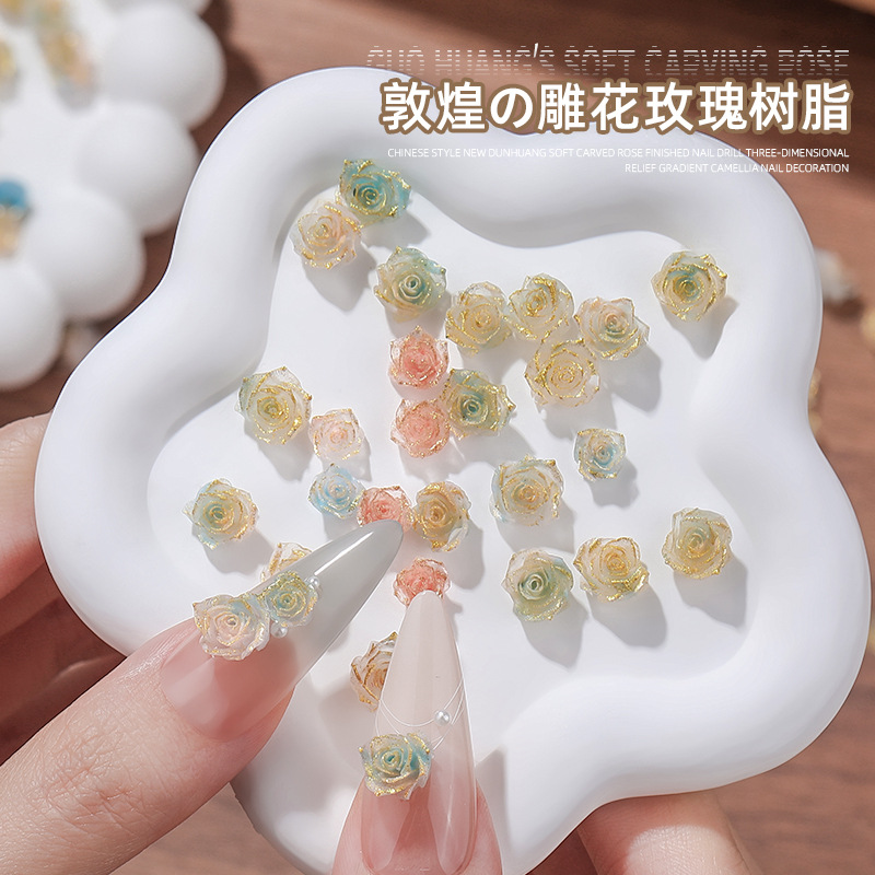 Tide nuevo estilo nacional Dunhuang rosa suave tallada productos acabados de uñas rosas rosas graduadas camellia decoración de uñas
