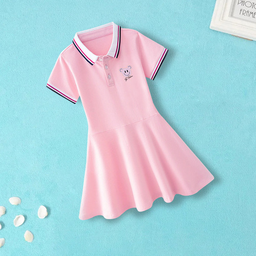 New Girls' Dress 2024 Summer College Style Children's Skirt for Older Children Polo Summer Stylish Princess Dress
