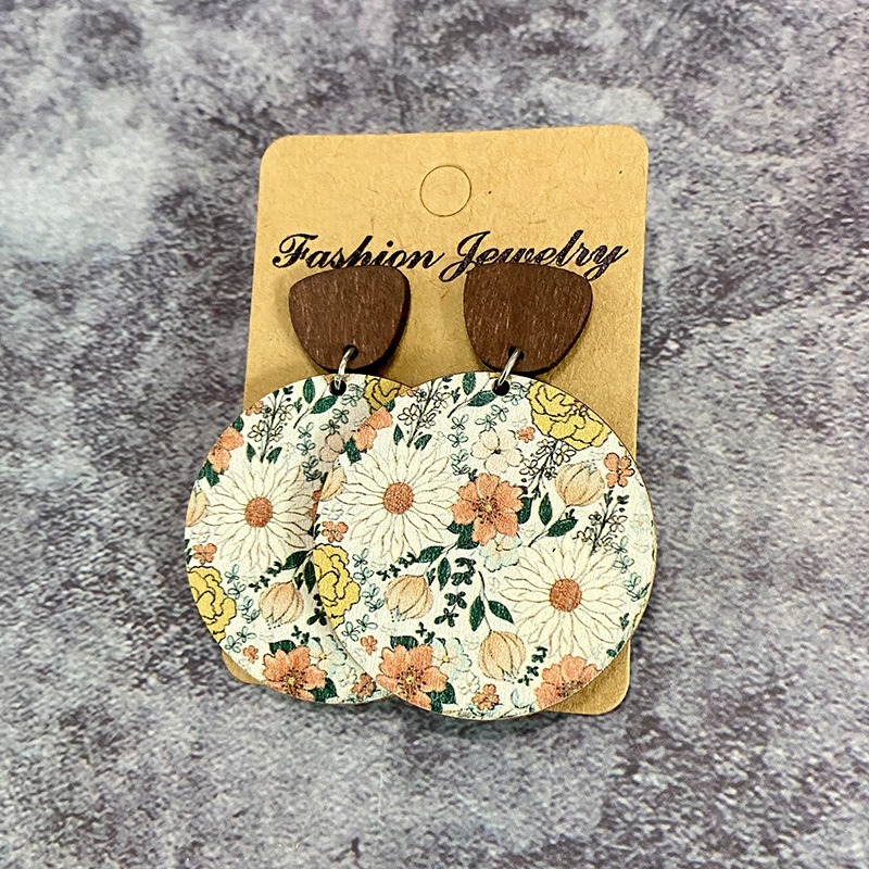 Daily Occasion Wood, Copper Material Flower Pattern 1 Pair Retro Flower Wood Copper Printing Patchwork Women's Drop Earrings