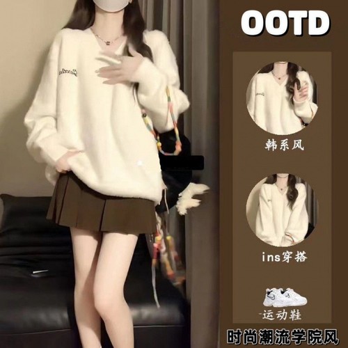 Gentle lazy style soft and glutinous white V-neck faux mink women's autumn and winter petite versatile outerwear knitted top