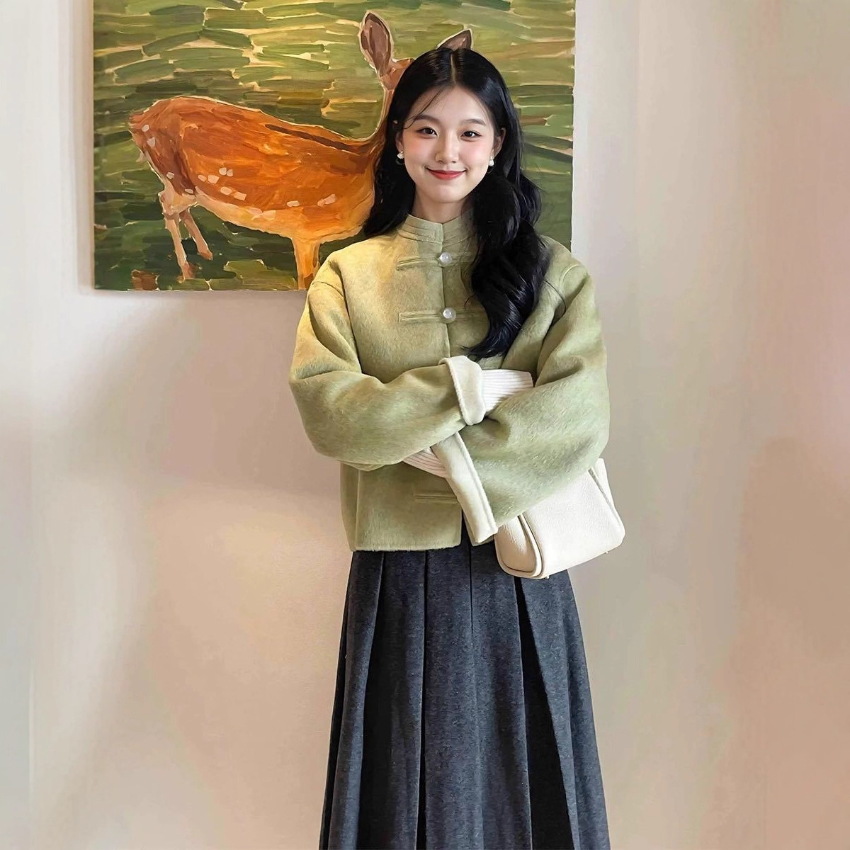 [Same Style as Jiang Yan] Sheep Wool, Camel Velvet, Mulberry Silk, New Chinoiserie Outwear, Chinese Style Pink Short Outwear for Women in Autumn