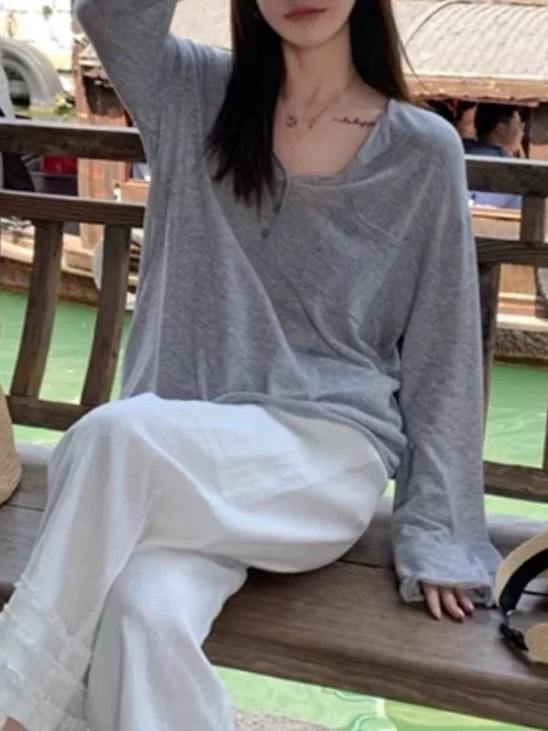 巨好看的防晒衣罩衫女薄款夏季穿搭宽松外穿灰色长袖t恤上衣|undefined