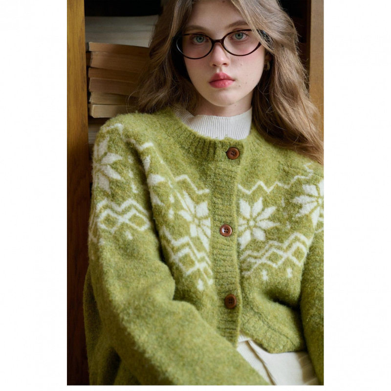 Norwegian Forest Wool Loop Yarn Fair Isle Sweater Women's Autumn Lazy Style Sweater Jacket