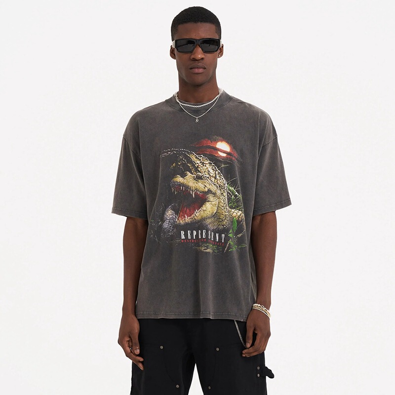 High Quality REPRESENT Destruction Crocodile Print High Street British Retro Loose Wash Water Distressed Short Sleeve T-Shirt Trendy