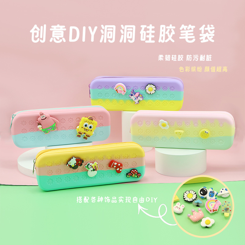 Bolsa de lápiz de silicona agujero al por mayor caja de lápiz de dibujos animados DIY multifuncional bolsa de lápiz de estudiantes papelería