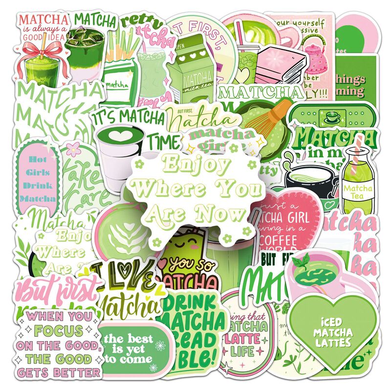 50 Pieces of Matcha Girl Aesthetic Stickers, Green Inspirational English Waterproof Decorative Stickers for Phone Cases and Thermos Cups