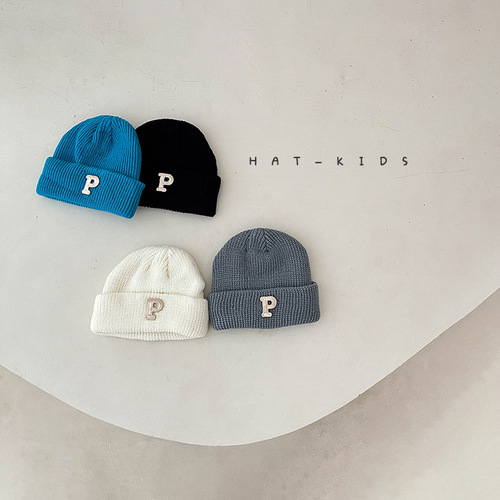 ins baby hat autumn and winter baby knitted hat warm and versatile winter P letter solid color thickened wool hat