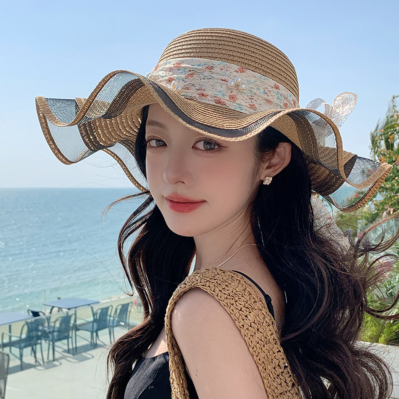 Sombrero de paja con lazo – estilo veraniego, ala ancha, para playa o vacaciones al aire libre