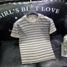 高级感冰丝仿亚麻条纹T恤男短袖修身夏季薄新款刺绣圆领半袖体恤
