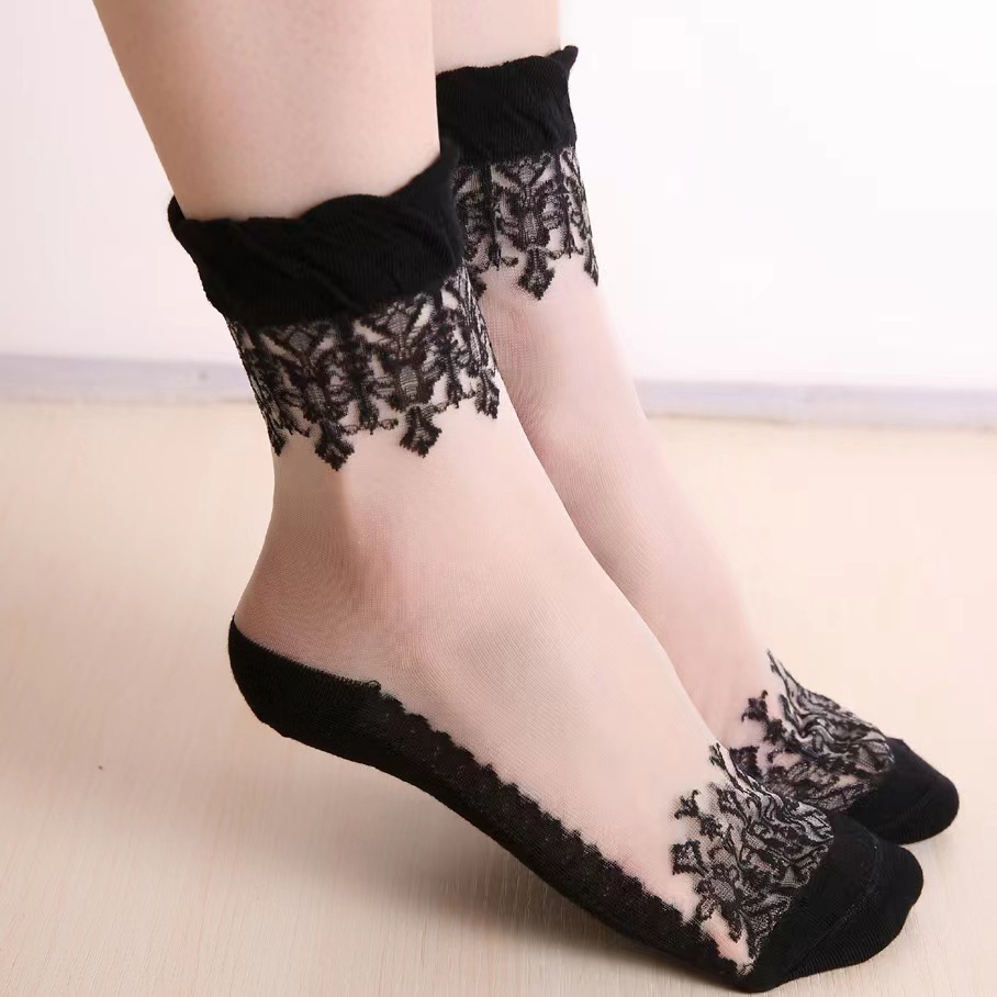 Women's Fashionable Short Socks Short Thin Crystal Socks Glass Silk Socks Lace Mid-Socks Summer Socks
