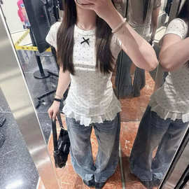 韩系少女感蕾丝花边拼接波点短袖t恤女夏季修身显瘦甜辣正肩上衣