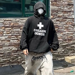 即墨Grailz韩版十字架印花水洗做旧休闲宽松连帽套头卫衣男vibe风
