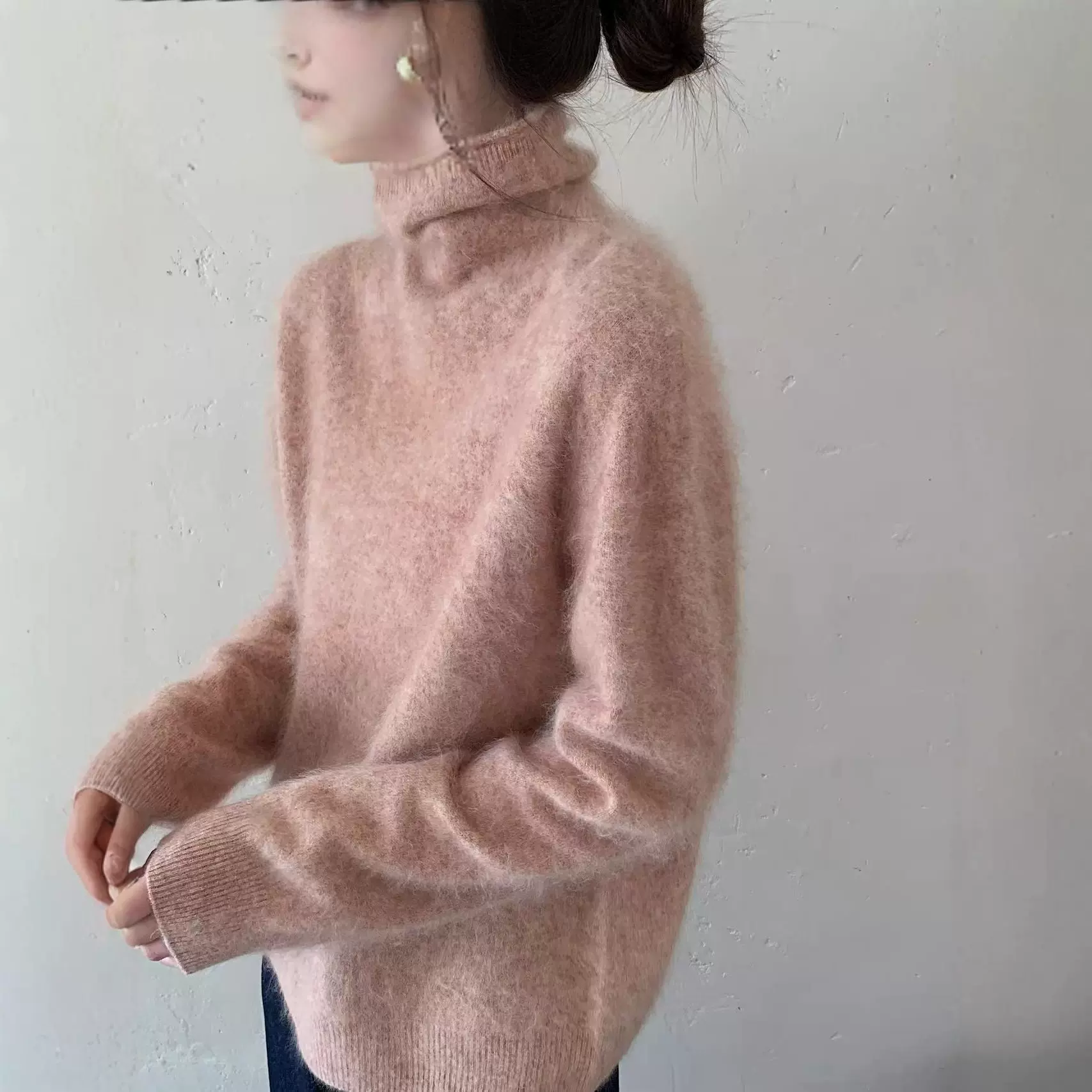 高级感软糯纯色堆堆领毛衣女慵懒风2025拉毛羊绒羊毛内搭上衣