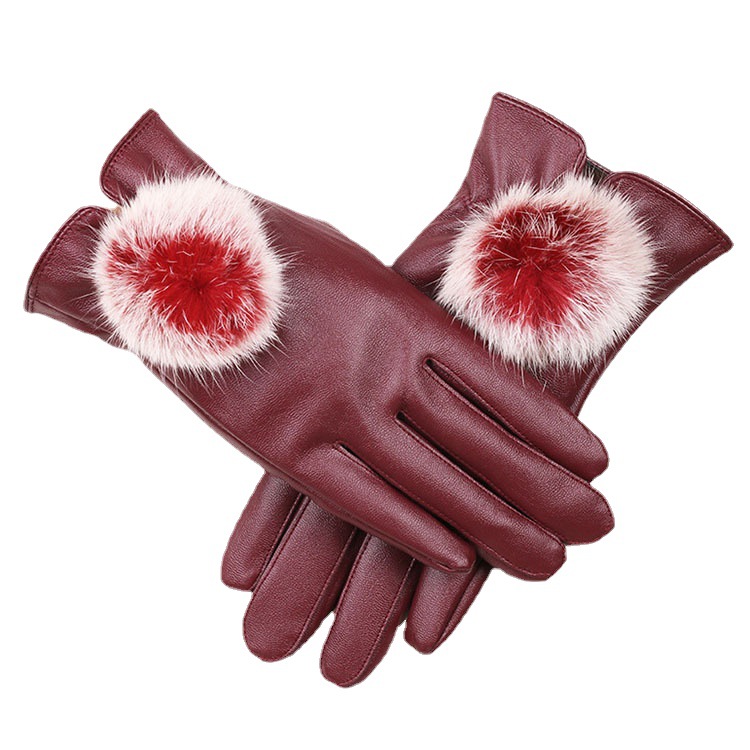 Guantes de cuero calientes guantes de bola de piel de conejo para mujer Pantalla táctil de cuero de PU lindo forro polar a prueba de frío guantes de otoño e invierno