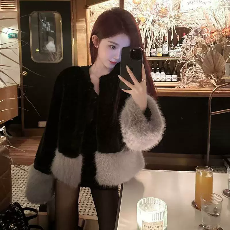 秋冬新款黑色名媛气质小众韩版拼色仿狐狸毛环保皮草加厚外套