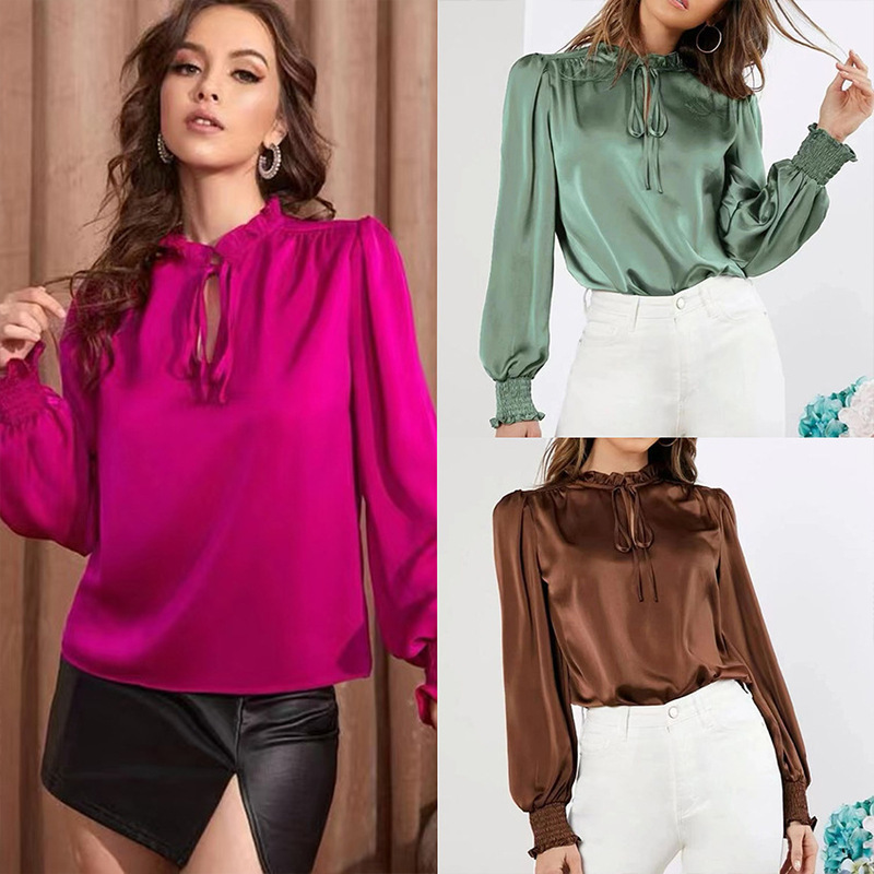 European and American 2025 Spring Cross-Border New Elegant Pure Color Round Neck Long-Sleeved Lace-Up Straight Satin Women's Tops Shirt for Women