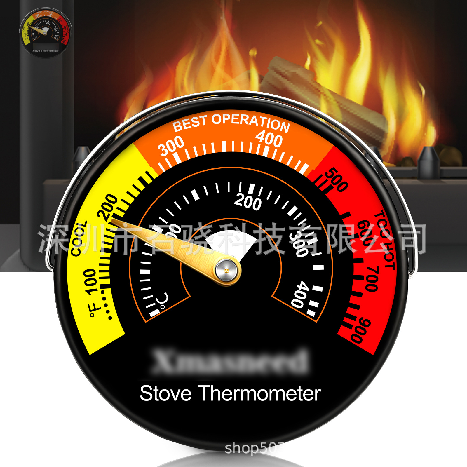 跨境壁炉温度计6cm磁吸壁炉温度监测器铝合金耐高温柴火炉温度计