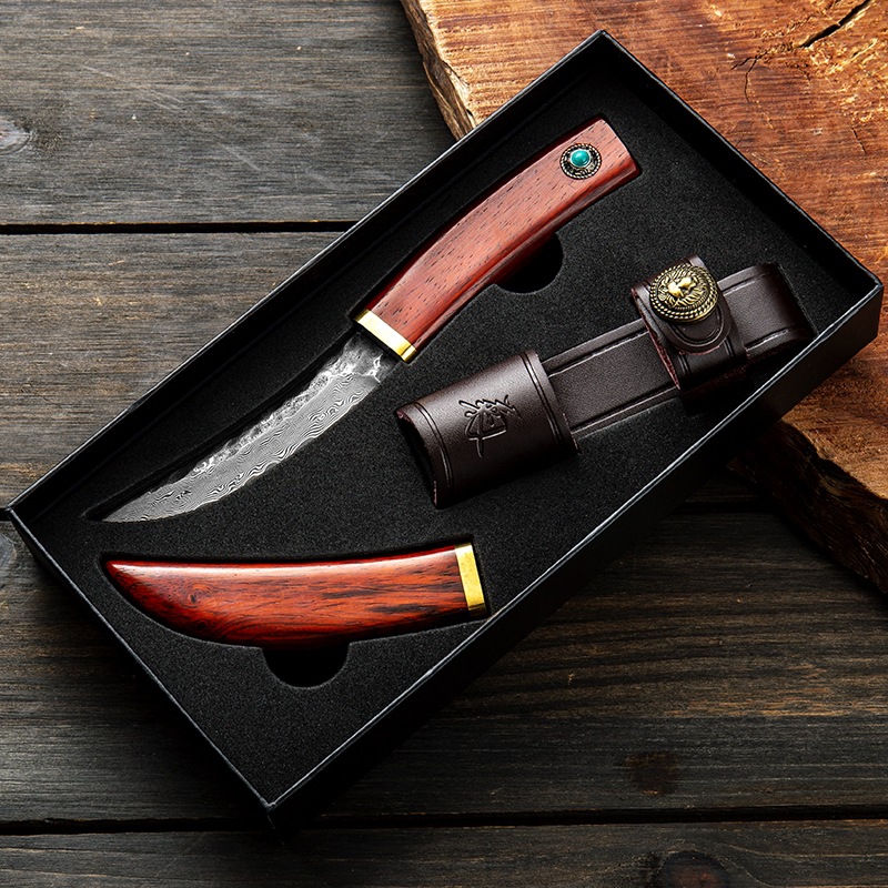 大马士革红檀木腰刀，配置皮套随身携带超方便，户外露营也不错！