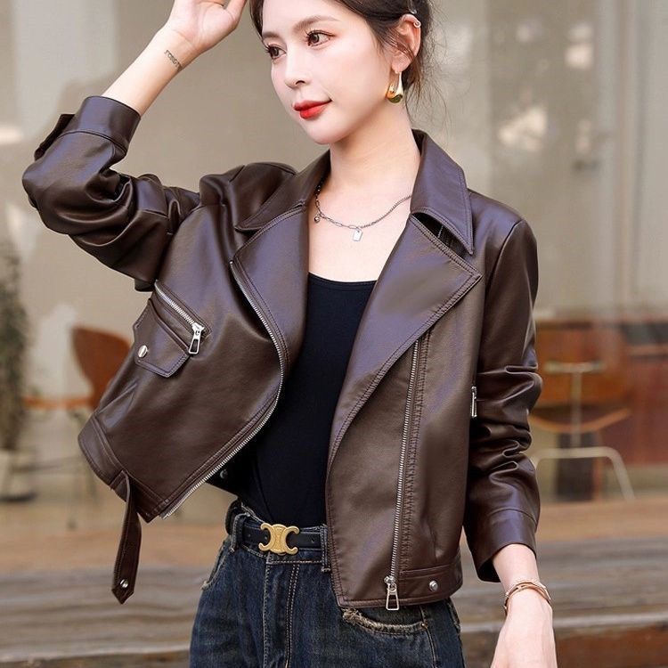 2025 Spring and Autumn New Leather Jacket Women's Short Motorcycle Suit Casual Small Pu Leather Suit Collar Jacket