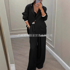 欧美跨境气质西装套装2025秋亚马逊百搭长袖外套休闲阔腿裤两件套
