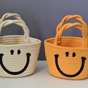 Summer Smiley Straw Bag Women's 2023 New Ins All-match Beach Woven Bag Internet Popular Hand-held Vegetable Basket Bag