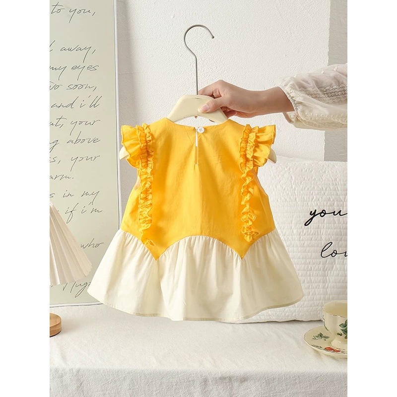 Vestido de algodón con mangas voladoras con costuras de flores para bebés y niños pequeños, vestido de princesa con chaleco con orejas de madera para bebés de nuevo estilo de verano