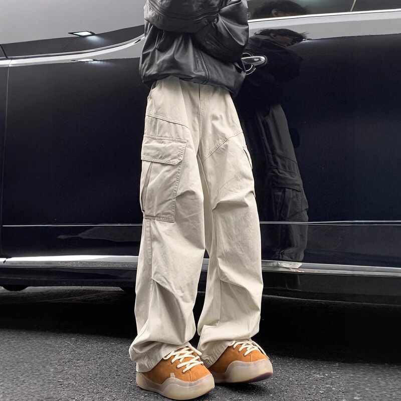 Men's High-End Washed Wrinkle-Resistant Paratrooper Pants in Maillard Brown, Loose Straight-Leg Casual Trousers