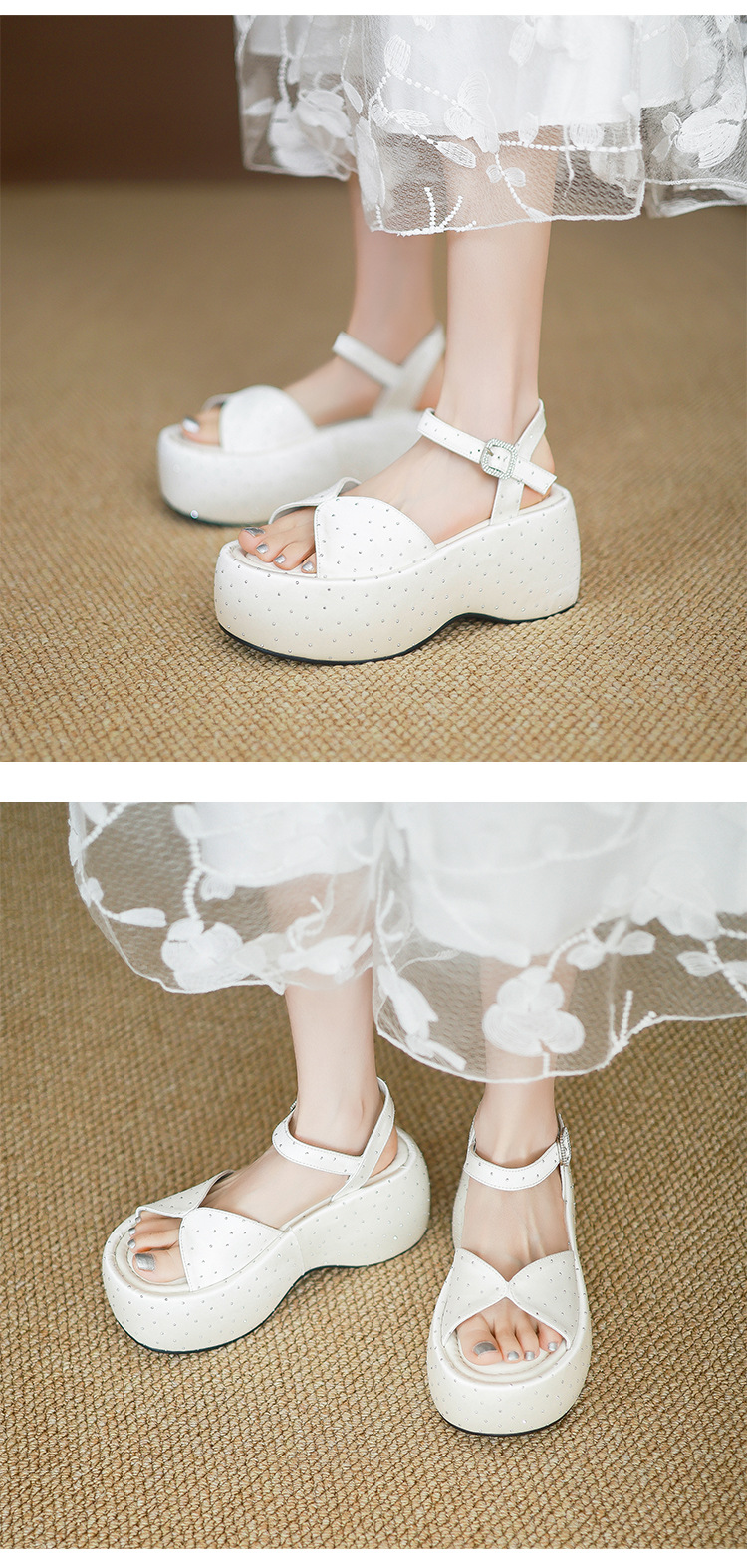 Sandal cao gót nữ đế dày hở mũi kiểu Pháp đính đá phong cách thơm nhỏ quai ngang La Mã gót nhọn — Màu đen, Màu trắng be, Màu mơ chi tiết 11