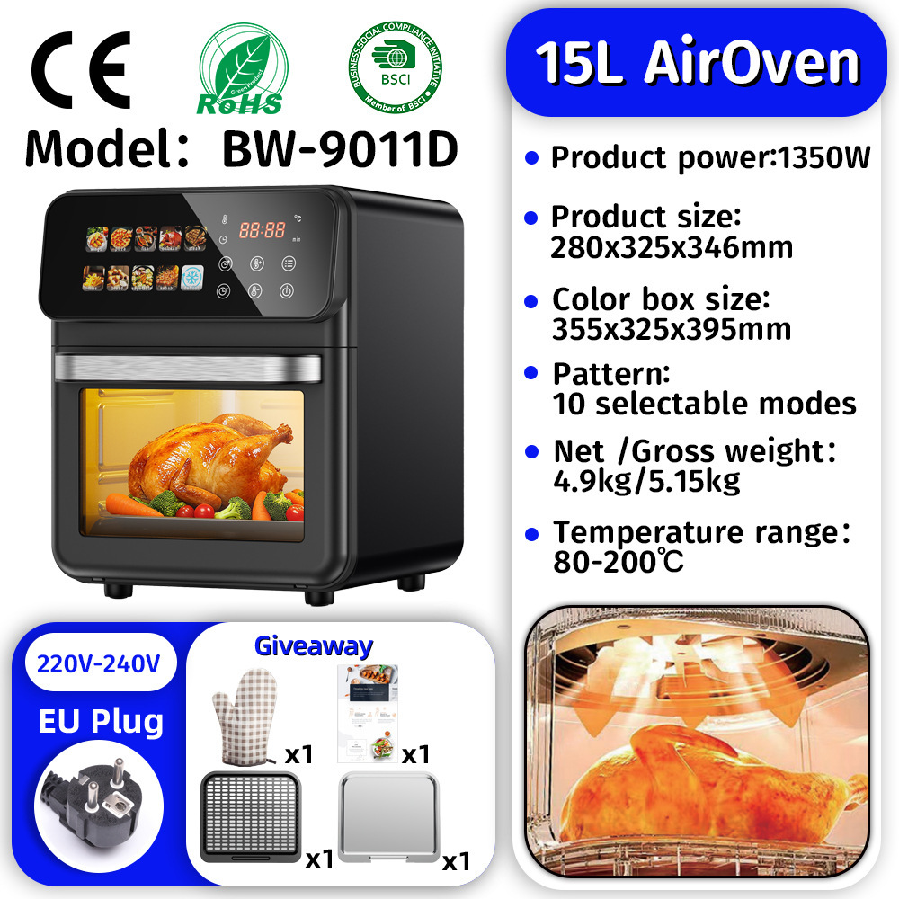 "Gran capacidad" 15L negro pantalla visual a color horno de aire táctil Euro