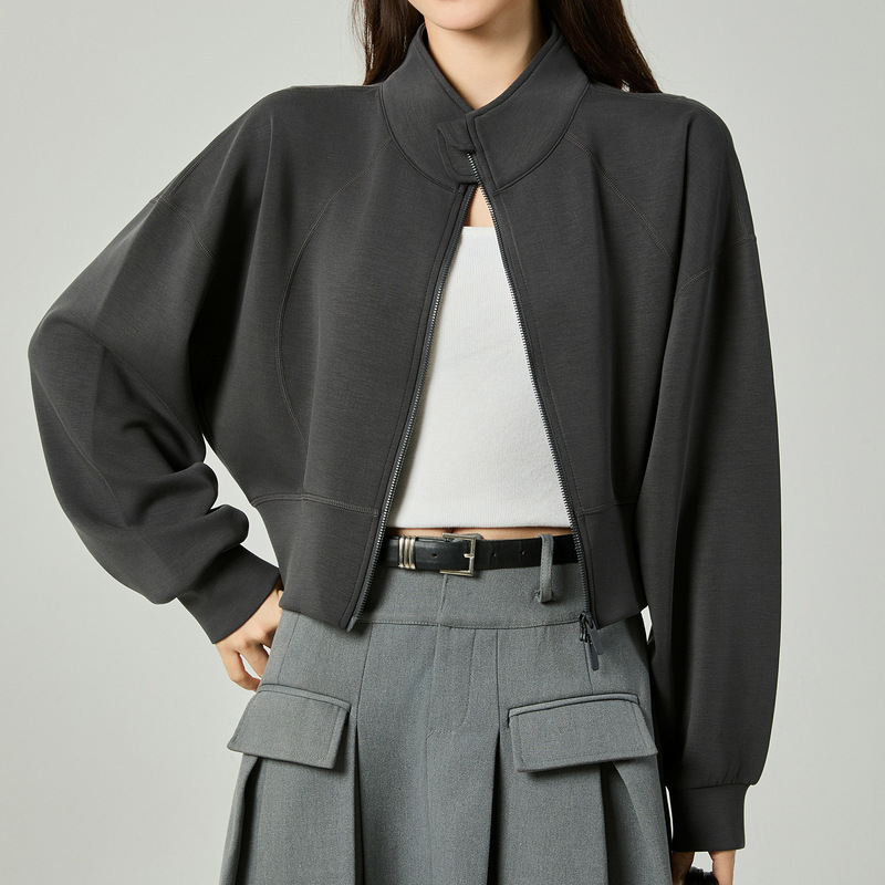 2026 Autumn Women's Casual Drop-Shoulder High-Waisted Slimming Cloud-Feel Jacket with Two-Way Zipper and Stand Collar for Petite Figures 2026 Autumn Women's Casual Drop-Shoulder High-Waisted Slimming Cloud-Feel Jacket with Two-Way Zipper and Stand Collar for Petite Figures