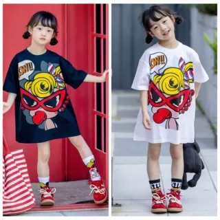 黑超高品质女童中长款T恤裙夏季新款洋气中小童卡通拔印洗水裙T